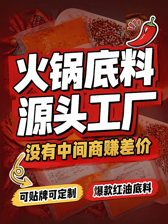 小红书笔记大字封面，配图大字，高饱和撞色促销风，版式精美，小红书笔记封面质感，适合信息流点击。主标题必须完整呈现且为画面视觉中心，逐字锁定：「火锅底料源头工厂」。主标题字号占画面约 55% 视觉权重，清晰可读，不得增删改字。副标题：「没有中间商赚差价」。装饰短句/角标：「可贴牌可定制」「爆款红油底料」。背景：采用用户【图1】产品实拍图作全屏底图，叠加深红色半透明遮罩以突出大字，保留火锅底料红油与辣椒的食欲氛围。标题排版：扁平超粗黑体白字，带黑色粗描边与红色色块底框，强对比醒目；采用配图大字 I17（底图+全屏遮罩）策略。配图：用户【图1】为火锅底料产品实拍图，作为背景底图使用，经半透明红色遮罩弱化，确保主标题清晰可读。装饰：右上角 1 个辣椒 emoji 小贴纸；左下角 1 个手绘弯曲箭头；另加红色矩形色块底框衬托主标题。整体氛围：餐饮供应链、源头工厂、高性价比、食欲感强。画质：高清细腻，信息层级清晰，主标题与背景强对比，文字完整处于安全区内不可裁切，四周留安全边距。画面比例 3:4，4K。图生图：严格使用用户上传图片，【图1】= 火锅底料产品实拍底图，顺序与上传一致。