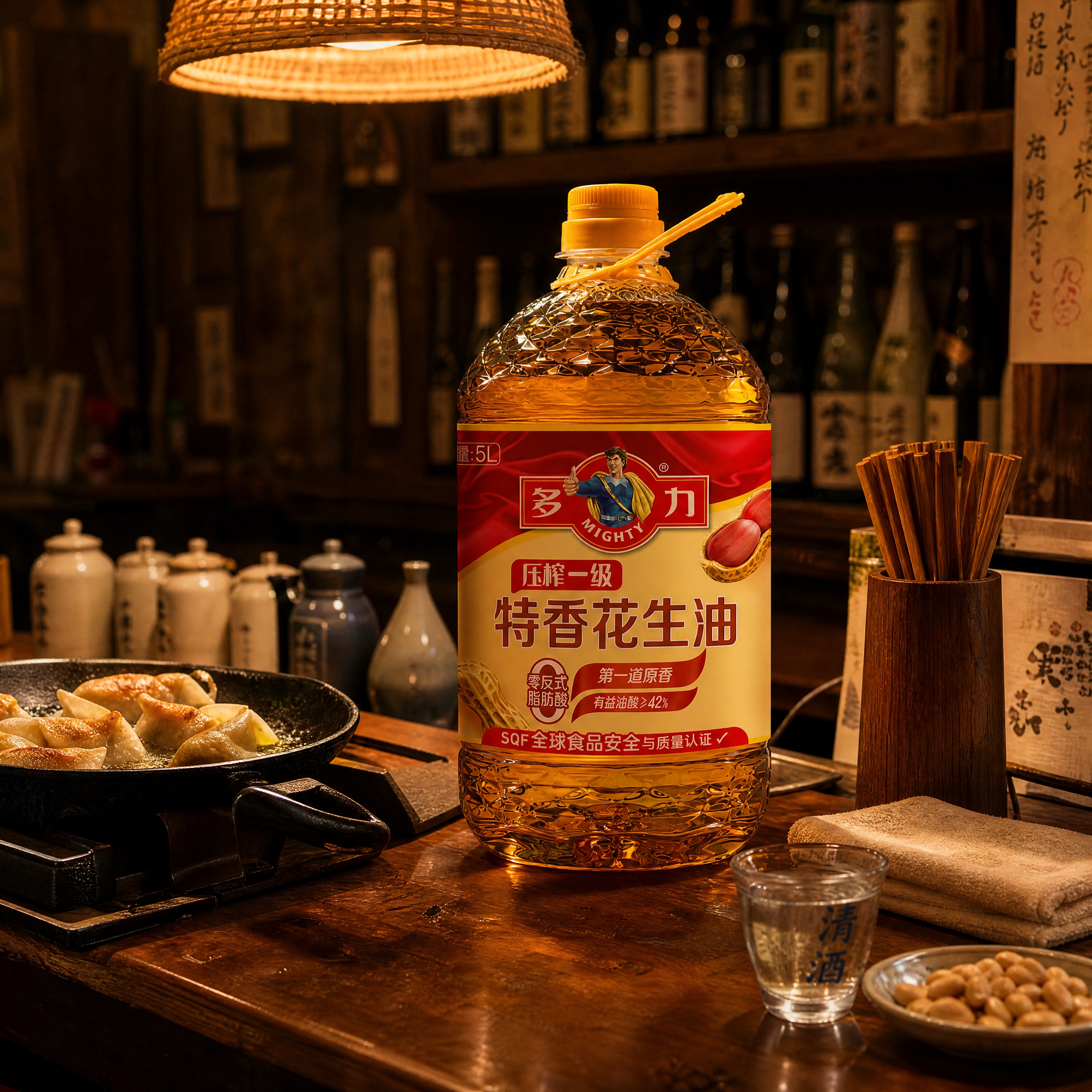 超写实深夜食堂场景摄影。 主体：花生油桶严格参照上传产品图，完… - 图片创意预览