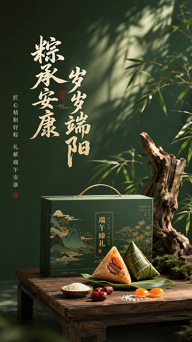 水墨风融合国潮设计，重拟物质感呈现古典静谧意境，浮雕式山水纹饰呼应中式美学，传递端午安康的文艺情怀。