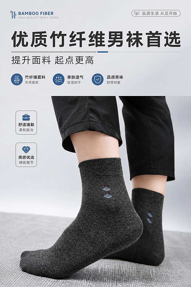 基于上传的男袜商品图，制作一张电商商品营销海报。袜子的细节、纹理、颜色、图案和材质质感必须与原图保持完全一致，不得改变袜子的外形与结构。露出的小腿皮肤部分进行磨皮增白处理，去除腿毛，皮肤光滑细腻。画面比例2:3竖版，2K分辨率。

背景为高级简约的浅灰渐变商业摄影棚背景，柔和侧前方自然光，干净通透，突出产品质感。袜子与腿部为画面主体，位于画面中下部，占比约55%~65%。

画面上半部分为文案区，排版精美，层级分明：
主标题大字："优质竹纤维男袜首选"
副标题："提升面料 起点更高"
卖点标签三个："竹纤维面料"、"亲肤透气"、"品质男袜"
辅助小标签："舒适通勤"、"质感优选"

整体风格为轻奢商务质感，色调沉稳高级，深灰与浅灰搭配，点缀少量蓝色点缀色。文字清晰可读，放在负空间不遮挡袜子主体。四周保留安全边距，版式精美，商业海报质感，超高清画质。

画面中所有信息区域必须填充完整合理的内容，不得出现空白框或占位区域。