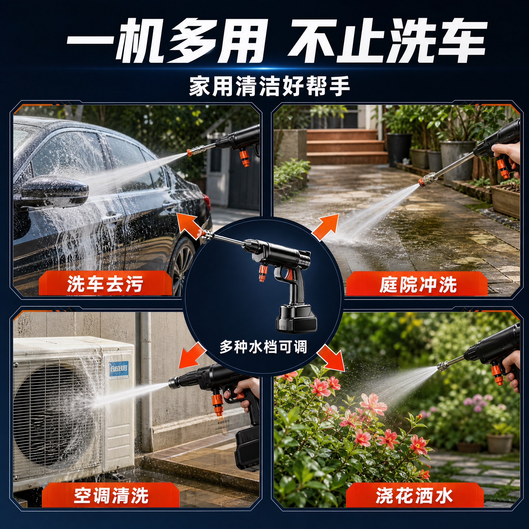 [主图-3] 无线高压洗车水枪多场景使用图，任务是展示产品适用… - 图片创意预览