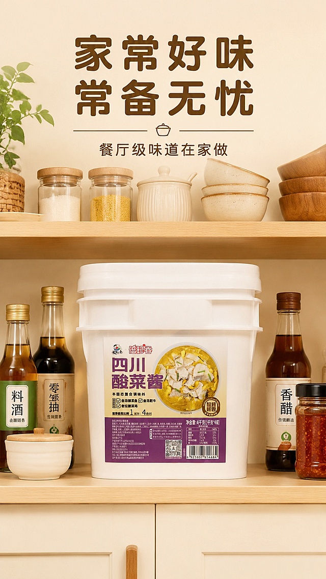 [第8屏] 收尾囤货展示屏，家庭厨房常备场景。本屏使用【图2】作为商品主体。
[氛围/风格] 温馨家常场景，温暖治愈，生活气息浓厚。
[元素布局] 产品放置在整洁的厨房储物柜层架上，周围搭配其他常用调料和餐具，背景是浅木色厨房环境，营造出家里常备的生活感，产品摆放自然，占比约60%。产品结构颜色与输入一致。
[光影质感] 厨房柔和漫射光，整体明亮温馨，光影自然不突兀。
[配色色系] 全局底色 #F5F0E6，主色浅木色暖调，辅助色白色柜体，产品紫色标签自然点缀。
[视角构图] 平视场景视角，产品位于画面中心偏下，符合日常储物视觉感受。
[文字版式] 顶部大标题「家常好味 常备无忧」，底部小字呼应「餐厅级味道在家做」，圆角黑体排版，简洁不抢产品风头。
[比例分辨率] 9:16 竖版比例，4K 分辨率，文字清晰可辨，高清画质。
[负向提示词] 环境杂乱，产品变形，文字遮挡主体，颜色偏差，水印