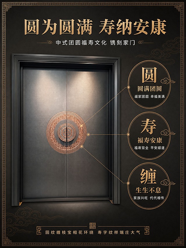 [商品] 使用【图1】圆满寿纹别墅大门；保留深灰黑色门框、深灰色细密肌理门板、中心大圆古铜浮雕的完整结构、颜色和材质；大门外观与输入图完全一致。
[画面] 页面目标：文化寓意解读，传递中式福寿文化价值。左图右文构图，大门位于画面左侧，正面平视角度，主体占画面约45%。右侧为寓意解读区，竖向排列三个古铜色圆形卡片，每个卡片对应一个文化寓意点。背景为深炭灰渐变，点缀淡金色祥云暗纹和回纹边框装饰。阅读动线从左到右，再从上到下。
[视觉] 套系策略：风格=新中式高端商业摄影+古韵厚重；标题字=端庄宋体粗体；正文字=简洁黑体；主色=深炭灰；背景延展=基于深炭灰做深浅渐变、祥云暗纹、回纹装饰；强调色=古铜金，仅用于标题、图标、引线和装饰线条；标题色=古铜金色；正文色=米白色；组件=细古铜金线描边圆形卡片、中式分隔线、印章式装饰；光影=均匀柔和侧光，浮雕细节清晰，大门底部有自然阴影。
[文字] 顶部主标题：古铜金色宋体"圆为圆满 寿纳安康"，副标题：米白色"中式团圆福寿文化 镌刻家门"。右侧三个圆形卡片：第一个卡片内大字"圆"，下方"圆满团圆"，小字说明"阖家团圆 幸福美满"；第二个卡片内大字"寿"，下方"福寿安康"，小字说明"福寿双全 平安顺遂"；第三个卡片内大字"缠"，下方"生生不息"，小字说明"家族兴旺 代代相传"。卡片底部补充一行："回纹缠枝宝相花环绕 寿字纹样端庄大气"。所有文字横排，字号层级清晰。
[规格] 图片比例3:4竖版，4K，避免变形、错字、文字过小、大门颜色改变、浮雕细节模糊、现代卡通元素。