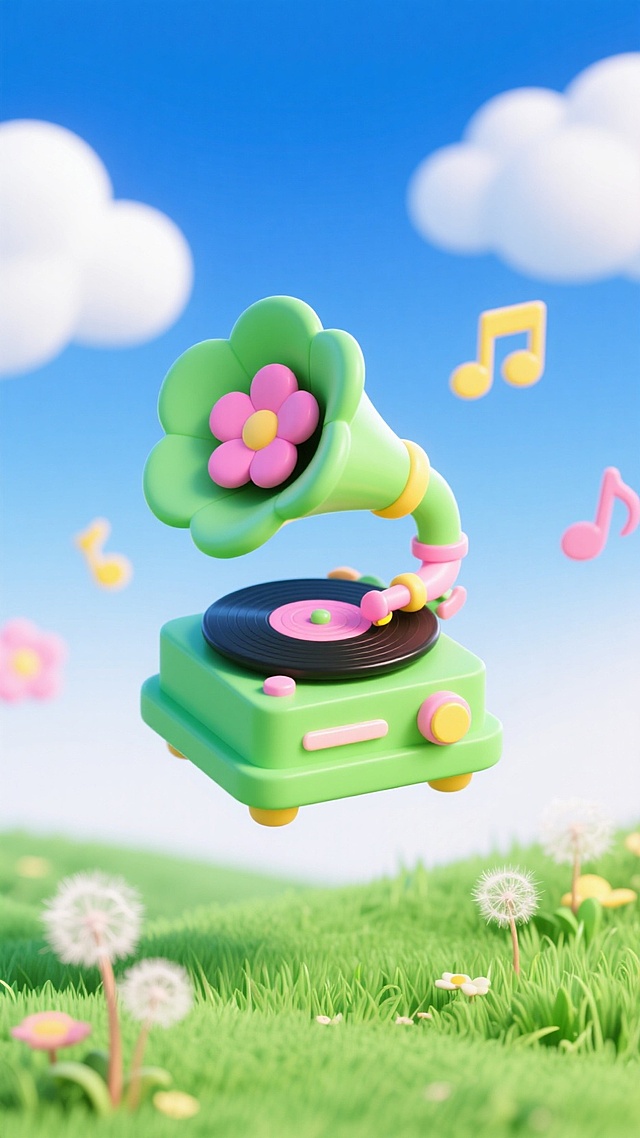 绿色喇叭花造型置换成留声机，粉色和黄色的音符悬浮在周围，绿色的留声机底座。上面有唱片碟播放着音乐，侧面有一朵粉色的花，绿草地，蒲公英，背景是蓝白色渐变的天空，白云点缀，多巴胺配色，高纯度，潮流感