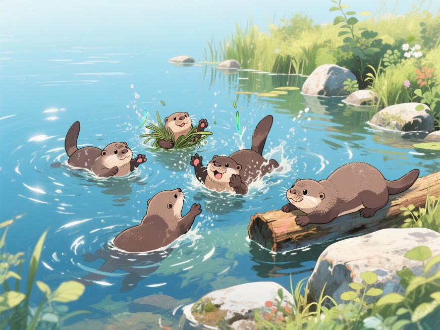 生成一幅水獭在湖里打闹的场景，背景丰富，水獭至少4只，可以多加点动作预览效果
