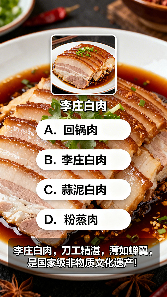 美食问答选择题海报，背景是李庄白肉精美摆盘图片，"李庄白肉"题目图片居中放置，距离顶部150px，选项区域依次排列：A. 回锅肉、B. 李庄白肉、C. 蒜泥白肉、D. 粉蒸肉，底部解析文案内容为：李庄白肉，刀工精湛，薄如蝉翼，是国家级非物质文化遗产！整体风格清晰整洁，适合作为美食答题展示。