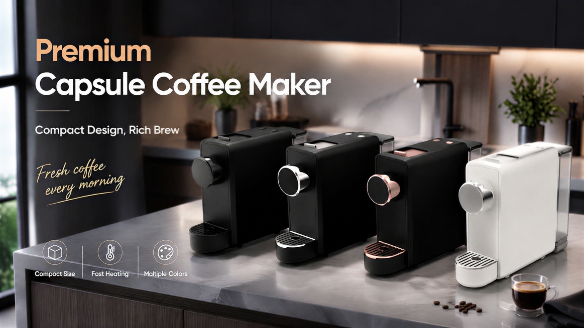 调整主标题排版：将"Premium Capsule Coffee Maker"分成两行，第一行保留"Premium"，第二行放"Capsule Coffee Maker"，保持"Capsule Cof预览效果