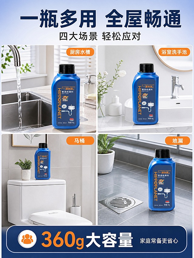 [商品] 使用【图1】河马星球蓝色瓶装管道疏通剂；保留瓶身所有结构、颜色、Logo、文字和包装细节；产品出现在每个场景格中作为核心解决方案，大小适配各场景比例，瓶身标签始终清晰可辨。
[画面] 页面目标：多场景适用页，展示一瓶可用于多处管道，提升产品价值感。构图：2×2四宫格场景拼贴，每格为一个独立使用场景，场景间用细白线分隔；顶部通栏标题区。左上格：厨房水槽场景，不锈钢水槽旁放产品，水流顺畅；右上格：浴室洗手台场景，白色陶瓷洗手盆旁立产品，洁净明亮；左下格：卫生间马桶场景，产品置于马桶水箱盖上，卫生间整洁；右下格：阳台地漏场景，产品放在地漏旁的瓷砖地面上，地面干爽。每格角落有小标签标注场景名称。景别：每格为中景场景，产品清晰可见。阅读动线：顶部标题→四格场景逐格浏览。
[视觉] 套系策略：风格=国内电商专业清洁类商业摄影风；标题字=粗黑体厚重有力；正文字=简洁无衬线黑体；主色=深海蓝（取自瓶身）；背景延展=基于深海蓝做深浅渐变、同色系层次和真实家居场景延展；强调色=活力橙（取自瓶身橙色文字），仅用于小面积标签、图标、高亮数字和引线；标题色=深海蓝；正文色=深灰；组件=圆角信息卡、细线分隔、橙色场景标签；光影=每格场景内均为左前侧柔和白光，产品底部有自然接触阴影，整体明亮干净统一。
[文字] 顶部通栏主标题「一瓶多用 全屋畅通」，副标题「四大场景 轻松应对」；四格每格右上角橙色小标签：「厨房水槽」「浴室洗手池」「马桶」「地漏」；底部通栏信息卡写「360g大容量 家庭常备更省心」。所有文字横向排版，字号保证手机端清晰可读。
[规格] 图片比例3:4竖版，分辨率4K，quality=medium。避免变形、错字、文字过小、瓶身颜色改变、包装文字错乱、场景脏乱、冷灰脏污背景。