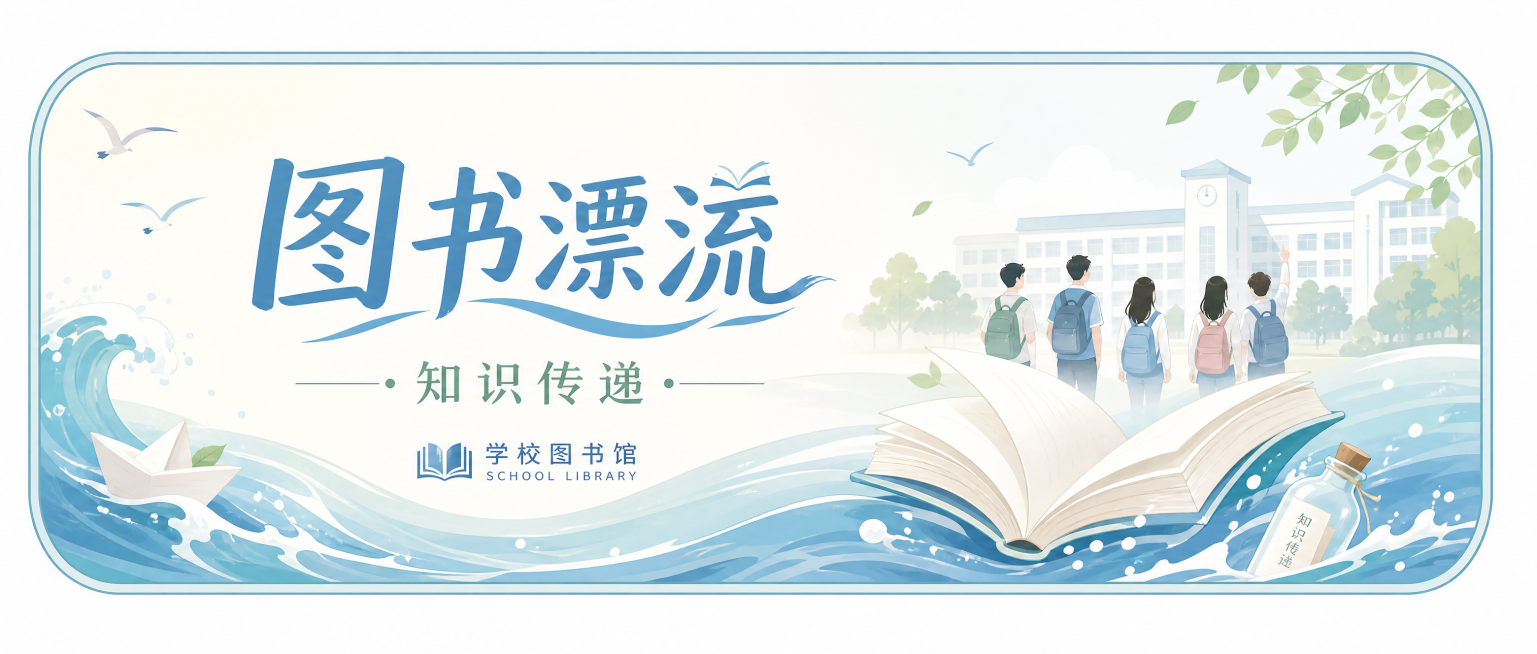 重新设计一张适合学校图书馆使用的图书漂流币，尺寸为21厘米宽，9厘米高，风格简约清新，融入打开的书本、浪花漂流元素，添加文字"图书漂流"、"知识传递"和学校图书馆字样，校园青春风格，色彩柔和预览效果