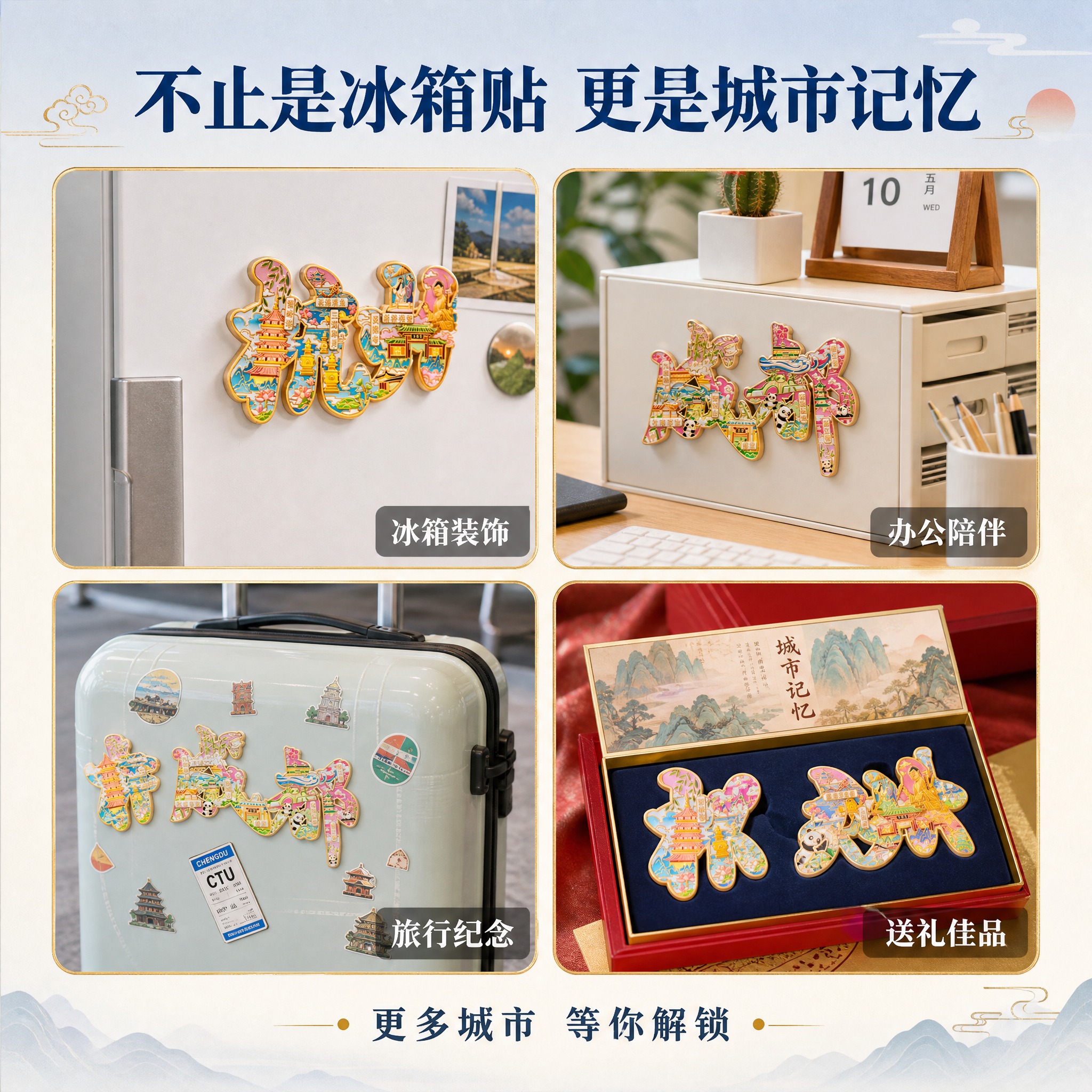 [主图-4] 城市字绘冰箱贴多场景使用展示，宫格形式展示多种贴… - 图片创意预览