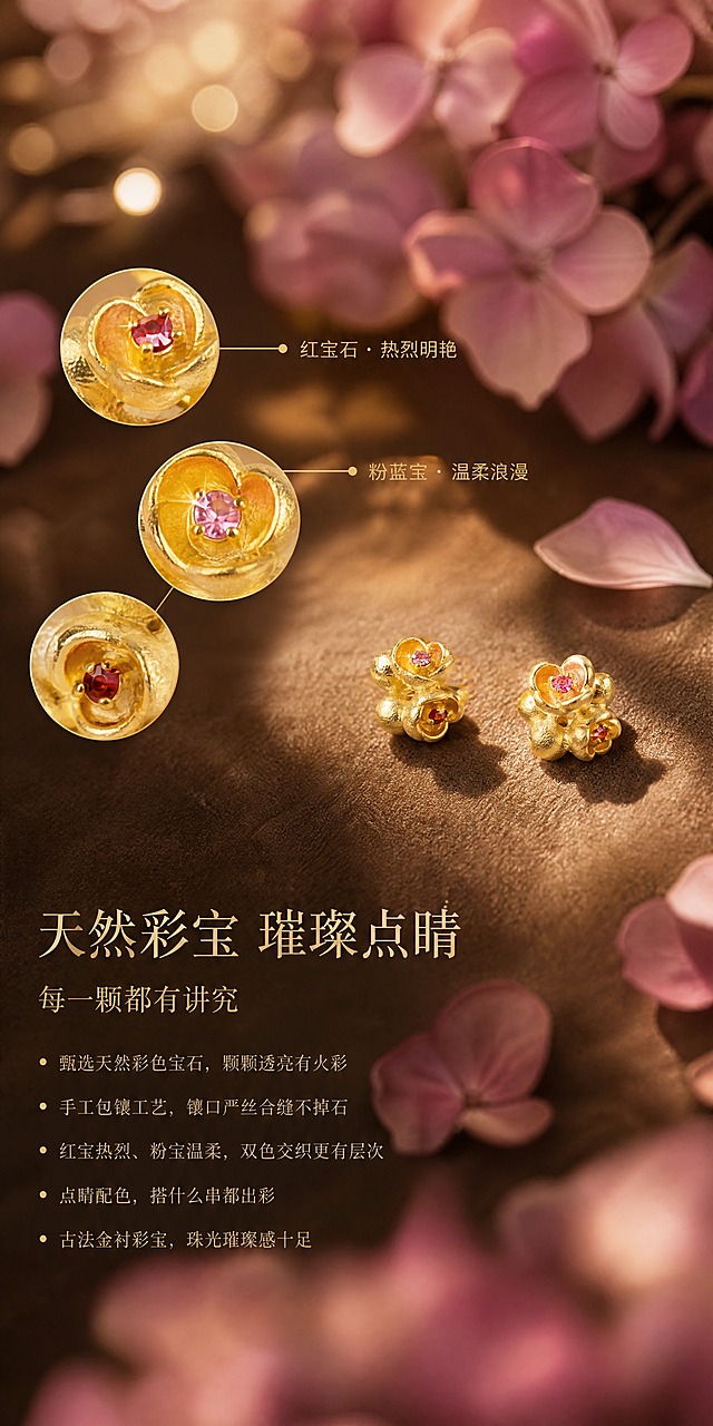 现代轻奢珠宝详情页第5屏-天然彩宝卖点页。使用图5的两枚绣球花隔珠顶部视角图，将产品融入沉浸式花艺场景：产品放置在深香槟色丝绒台面上，周围散落绣球花瓣，背景是柔焦虚化的绣球花丛，有圆形光斑散景，柔和斜侧自然光，前景虚化花瓣，三层景深，氛围感极强。产品位于画面右侧，占画面约40%，严格还原足金原色、宝石颜色通透感、切面反光和镶嵌结构，禁止变形改结构。左侧用三个大小不一的圆形放大图+细金线引线，分别标注彩宝细节：上方圆图标注"红宝石 · 热烈明艳"，下方圆图标注"粉蓝宝 · 温柔浪漫"，圆形放大图里是对应宝石的微距特写。左下方排版文字。文字层级：主标题"天然彩宝 璀璨点睛"使用精致高对比衬线体，浅金棕色；下方副标"每一颗都有讲究"使用中号衬线体，浅金色；再下方5条卖点左对齐，用金色小圆点引导，纤细字体，浅金色："甄选天然彩色宝石，颗颗透亮有火彩""手工包镶工艺，镶口严丝合缝不掉石""红宝热烈、粉宝温柔，双色交织更有层次""点睛配色，搭什么串都出彩""古法金衬彩宝，珠光璀璨感十足"。文字不遮挡产品。整体高级有氛围。画布宽850px，竖版长图。
