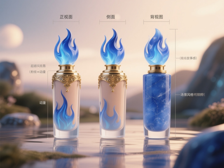 粉底液瓶模型三视图，包含正面、正左面、正后面视图，天蓝色玉石质感瓶身，蓝色火焰元素，金色装饰，各视图布局合理，标注清晰预览效果