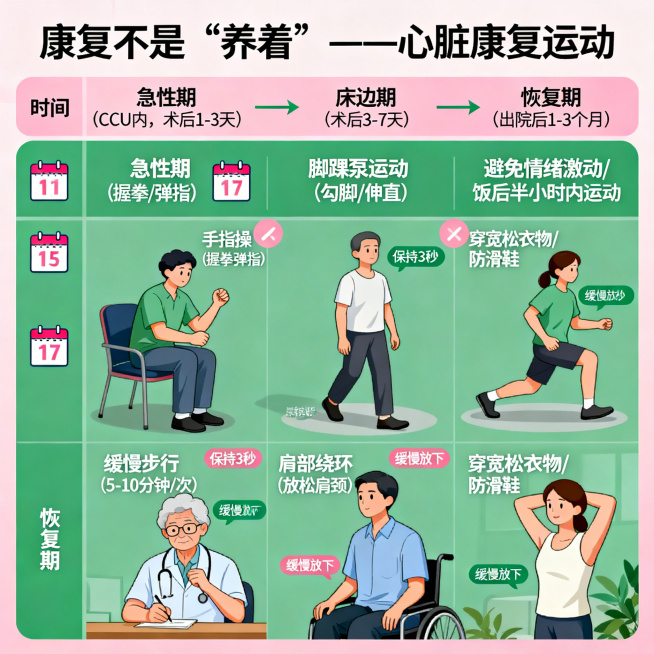 心脏康复科普图，标题为「康复不是“养着”——心脏康复运动」。图片主题：用阶段图+动作示范指导术后心脏康复。画面左侧制作康复阶段时间轴，标注："急性期（CCU内，术后1-3天）→床边期（术后3-7天）→预览效果