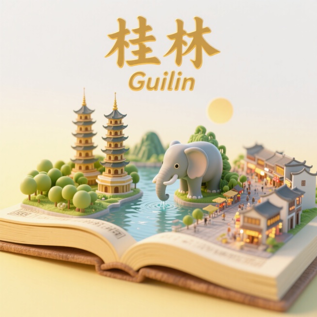 一本打开的古代书籍，书是打开的，书上是桂林城市景观微缩模型，有桂林的象鼻山（山的形状像大象鼻子在喝河流的水）环绕江河，日月双塔，东西巷街道和正阳步行街环绕一起，上方有中文“桂林”和英文“Guilin”预览效果