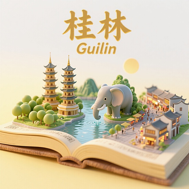 清新卡通3D风，微缩中式桂林景，书页间塔楼象影，节日氛围浓。