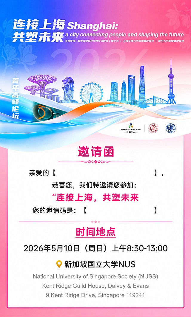 在不改变原图目前所有设计、原有文字内容和原始比例的基础上，将该海报修改为邀请函，在画面下方时间地点区块上方的合适空白位置，新增邀请文字：“亲爱的【xxx留空】， 恭喜您，我们特邀请您参加：连接上海，共塑未来，您的邀请码是：【xxx留空】”，为xxx预留出足够的后期修改空位，排版协调自然，保持整体原有的蓝粉渐变城市剪影风格不变，不破坏原有任何内容。