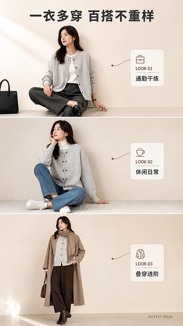 [商品] 使用【图1】浅花灰色双排扣半拉链针织开衫；商品处理：保留圆领、半开拉链、双排棕色纽扣、竖坑条针织纹理、落肩长袖、罗纹下摆与袖口、整体浅花灰色和宽松版型；自然去除衣架悬挂产生的轻微褶皱与变形，理顺衣身垂坠感，增强针织肌理、纽扣光泽和拉链五金质感，不改变版型、颜色和结构。
[画面] 目标：搭配灵感页，展示一衣多穿价值。构图：上中下3层穿搭造型排列，每层为亚洲女模特穿着同款开衫的不同搭配造型：上层=通勤风（内搭白T+西装裤+乐福鞋），中层=休闲风（内搭高领+牛仔裤+小白鞋），下层=叠穿风（外搭大衣+围巾+短靴）；每层右侧有小标签标注风格名称。背景为米杏色渐变，每层之间有细米色分隔线。
[视觉] 套系策略：风格=韩系极简高级商业摄影；标题字=现代无衬线粗体（思源黑体Heavy）；正文字=简洁无衬线体（思源黑体Regular）；主色=浅花灰+米杏色；背景延展=基于米杏色做深浅层级、同色渐变和细腻织物/哑光墙面质感；强调色=焦糖棕，仅用于小面积图标、引线和标签装饰；标题色=深炭灰；正文色=中暖灰；组件=圆角浅底信息卡、细线引线、手写体英文装饰；光影=左前侧暖柔光，柔和自然阴影。
[文字] 顶部主标题「一衣多穿 百搭不重样」；每层右侧小标签：「LOOK 01 通勤干练」「LOOK 02 休闲日常」「LOOK 03 叠穿进阶」；右下角小号英文「OUTFIT IDEAS」；所有文字横向排版，开衫始终为视觉主体。
[规格] 图片比例9:16竖版，4K，避免变形、错字、文字过小、冷蓝/蓝灰背景、衣服颜色改变、版型失真、极限词。