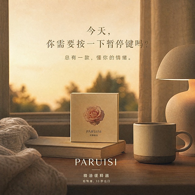 【10秒暂停键 · 收尾图（电影感版）】PARUISI精油缓释器 朋友圈九宫格收尾。1:1方图。

[风格] 电影感叙事画面，胶片颗粒质感，暖色调，高级文艺。和参考图1的风格、质感、色调完全统一。

[画面] 一个有故事感的收尾场景，比如傍晚的窗边/夜晚的台灯下/日落的阳台，暖光，安静治愈的氛围。画面有留白，不拥挤，有呼吸感。

可以有一本书、一杯茶、一扇窗，夕阳/暖灯光，胶片颗粒质感，电影感。

整体暖色调，和7张系列海报的质感完全一致。

[文案 - 放在画面中间偏上，有呼吸感]
主标题：「今天，
  你需要按一下暂停键吗？」

下面稍小的字：
「总有一款，懂你的情绪。」

[底部中央 - 品牌栏，和参考图1完全统一]
「PARUISI」纤细高端字体
细细的分割线
「精油缓释器」稍小一点的字
「给情绪，10秒出口」最小的字

[整体感觉] 像系列海报的收尾，温暖、治愈、有互动感，电影感胶片质感，和7张完全统一。

1:1方图，2K分辨率，高清，胶片质感。
负向：干净白底，纯文字海报，工作室打光，花哨，廉价感，模糊。