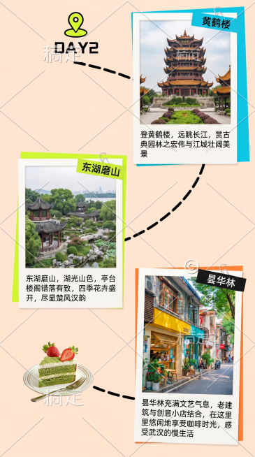 保留原第二天行程模板设计：浅米色背景，拼贴排版，保留DAY2定位标记，补充合适武汉经典园林景点图片替换原个园和何园，保留皮市街位置并可替换为武汉文艺街区图片，修改对应景点介绍文字，保证图文对应，字体协预览效果