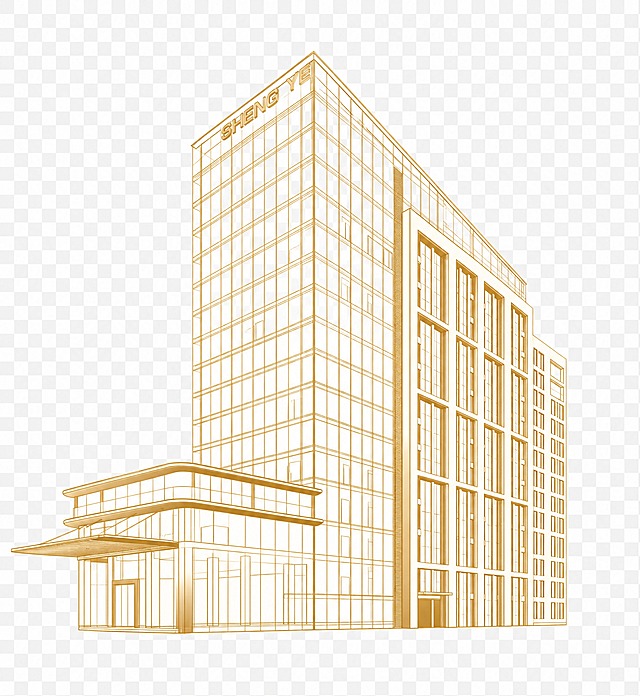 将图中的大楼建筑改造成参考图风格的金色金属描边线条效果，保留大楼的建筑结构轮廓，用金色金属质感的线条勾勒建筑外形和窗户结构，类似金属描边的楼梯线条风格，扁平化插画风格，只保留大楼建筑，去除背景中的天空、街道、车辆、人物、树木、路灯等所有其他元素，背景为透明，最终输出PNG格式透明背景图