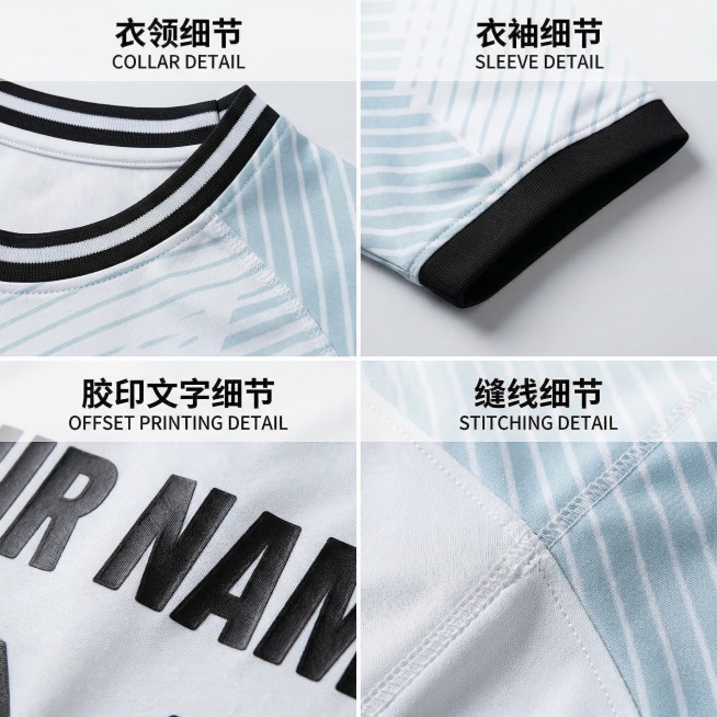 根据图片，输出产品足球衣衣领/衣袖/胶印文字/缝线细节图，四宫格排版预览效果