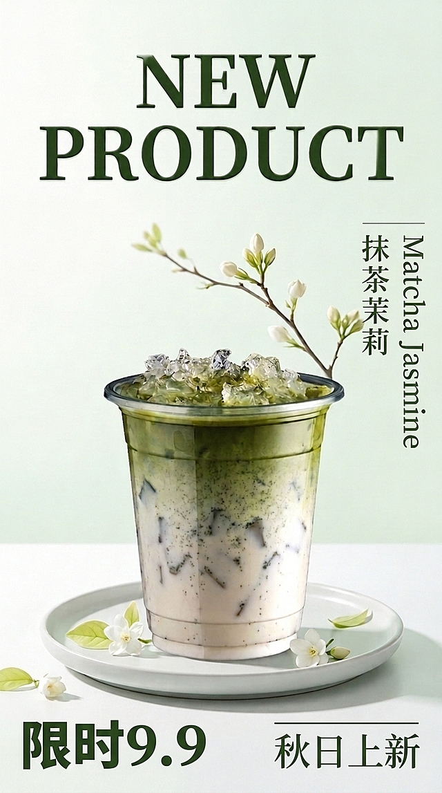 保持原图整体画面不变，仅在画面下方两侧新增两处文字。
1）右下角：写入中文 “秋日上新” 四个字，采用深绿色细笔画宋体（衬线感）小字，字距舒展开阔，字号适中偏小，文字上方或下方配一条极细的深绿色横线装饰，整体精致安静、有秋季新品质感，位置贴右下角但保留舒适安全边距，不遮挡盘子和桌面。
2）左下角：写入 “限时9.9”，采用深绿色加粗现代字体（中文用蚕头黑体感粗体、数字 “9.9” 用同色加粗西式数字并适当放大突出、字距清晰），与 “秋日上新” 形成一左一右的对称层级，字号略大于右下角文字，位置贴左下角但保留舒适安全边距。
两处文字均使用与画面顶部 “NEW PRODUCT” 一致的深绿色，风格统一、清晰可读、字形准确。
其余内容全部保持原样不变：背景浅绿色与白色渐变、顶部深绿色 “NEW PRODUCT” 艺术字、右侧竖排的 “抹茶茉莉 / Matcha Jasmine” 文字、杯中抹茶茉莉奶饮主体、浅色盘子及其上的茉莉花点缀、从杯后向上延伸的茉莉花苞树枝。画面比例与原图一致（9:16），不新增其他文字，不出现水印、logo 或字体乱码。
画面中所有数字必须精确渲染（“9.9”），不得错位、遗漏或编造。