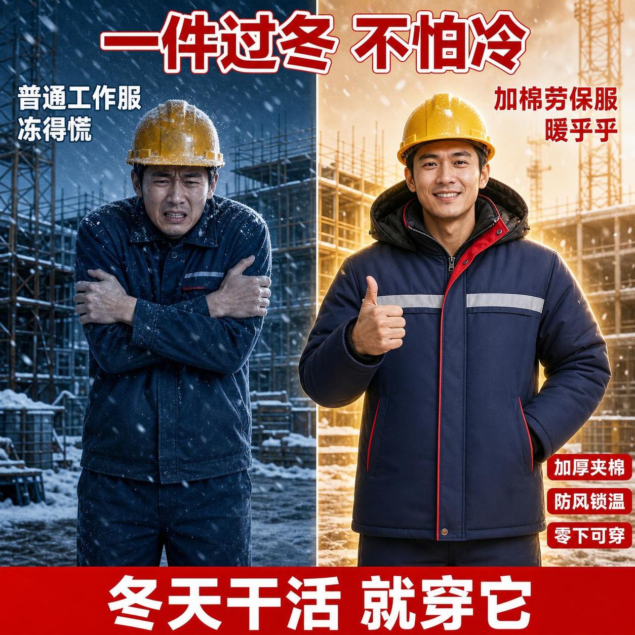 [主图-6] 藏青色加棉劳保棉服保暖效果对比展示图 拼多多风格… - 图片创意预览