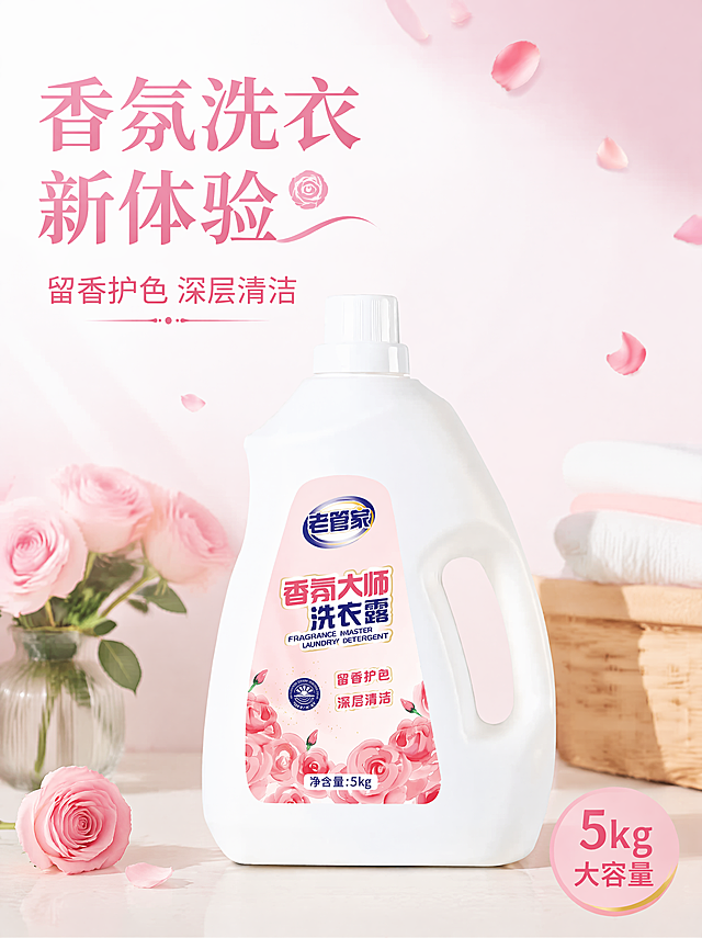 [第1屏] 详情页头图-老管家香氛大师洗衣露产品宣传海报。清新温馨家居风，浅粉柔白背景搭配玫瑰香氛元素，商业摄影质感，画面干净清新，符合抖音/快手移动端浏览体验。本屏使用【图1】作为商品主体，产品放置在画面中下区域，占据65%-70%主体位置。保持产品白色瓶身、粉色玫瑰标签、品牌Logo及所有文字信息的结构、质感、颜色与原图完全一致，不改变包装文字和外观。背景上部浅粉渐变点缀玫瑰花瓣，底部浅米色洗衣台面，层次丰富。左上方柔和主光，右侧自然投影，整体明亮通透。全局底色#F9F2F4，主体白+粉+红，辅助浅米+深灰。正面平视，上部留标题空间，阅读流畅。左上主标题"香氛洗衣新体验"，副标题"留香护色 深层清洁"，右下角标注"5kg大容量"，文字清晰不遮挡产品。3:4竖版，4K分辨率，文字清晰。负向提示：瓶身变形，包装文字错乱，颜色偏差，水印，背景杂乱，诱导按钮，绝对化用语。