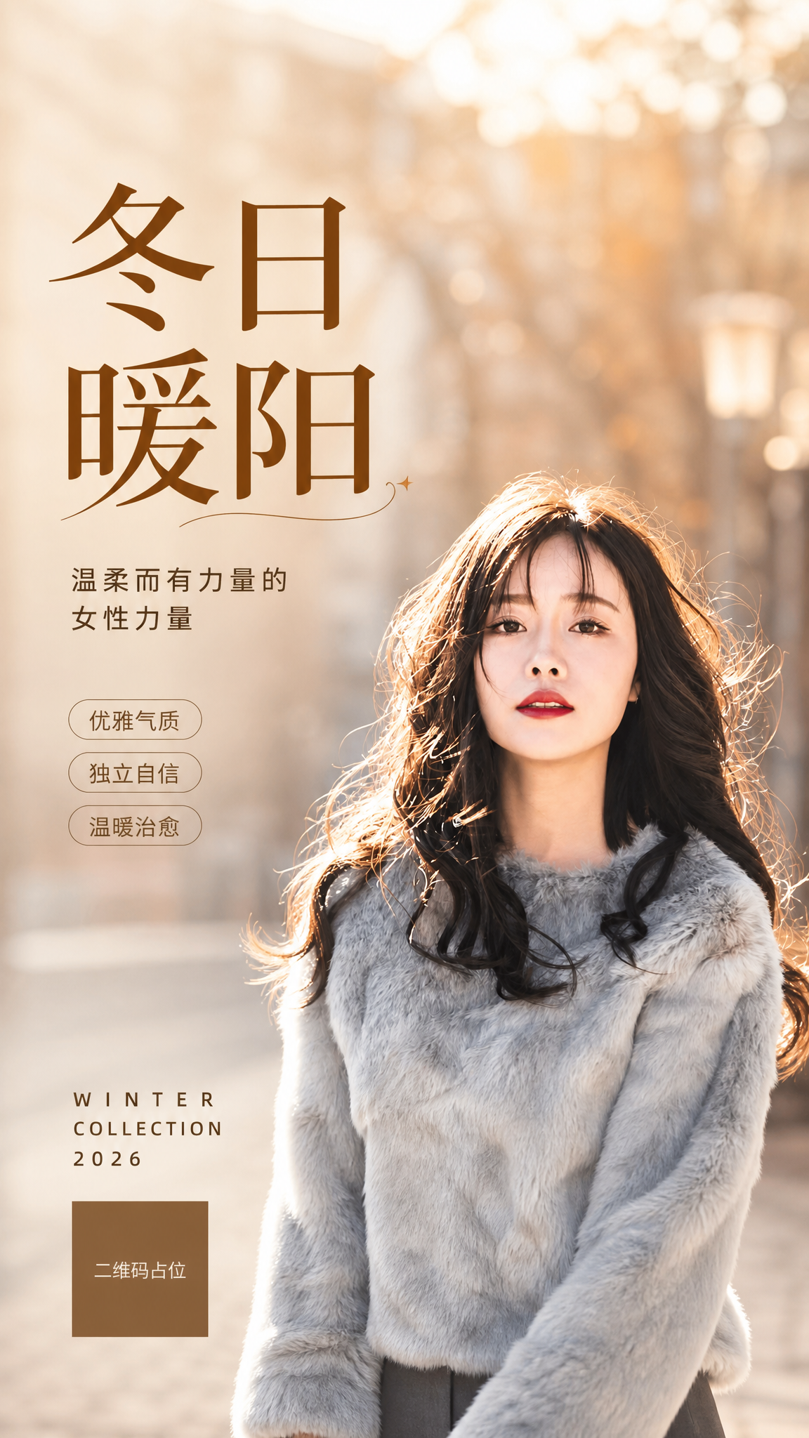 基于图中人物制作一张冬日暖阳主题的形象海报，人物居中偏右，保留… - 图片创意预览