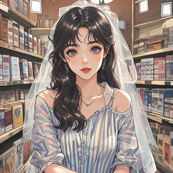漫画风，背景在书店，女生穿婚纱，不要男生出现预览效果