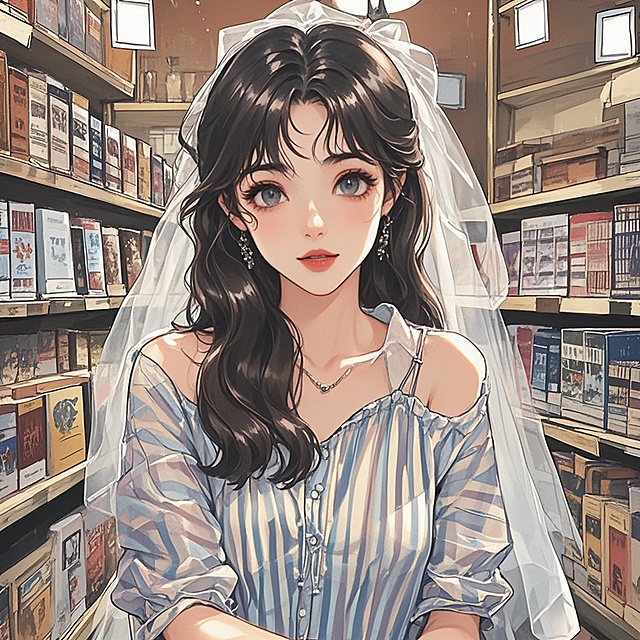 漫画风，背景在书店，女生穿婚纱，不要男生出现