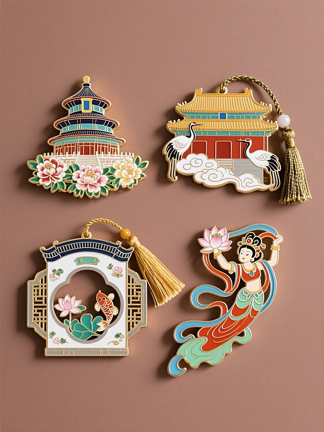 中国传统珐琅彩风格系列冰箱贴集合，纯色背景，保持原图的金属质感、细腻珐琅釉彩、祥云纹样及金色勾边等工艺细节，包含四个完全不同造型的冰箱贴：第一个为天坛祈年殿搭配牡丹花卉图案，第二个为故宫角楼与仙鹤祥云组合，第三个是苏州园林月洞门配荷花锦鲤纹样，第四个为敦煌飞天仙女携莲花造型，所有冰箱贴呈2x2规整网格排布，整体风格统一且色彩和谐，每个元素均有精致流苏挂坠装饰。