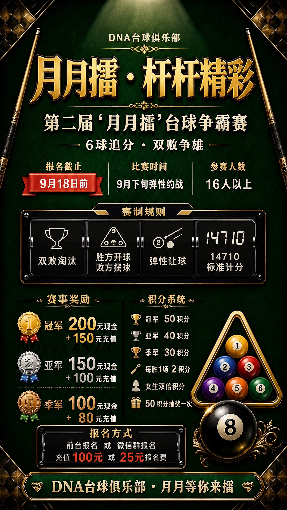 在这张台球赛事海报的积分系统区域下方、底部俱乐部横条上方的位置… - 图片创意预览