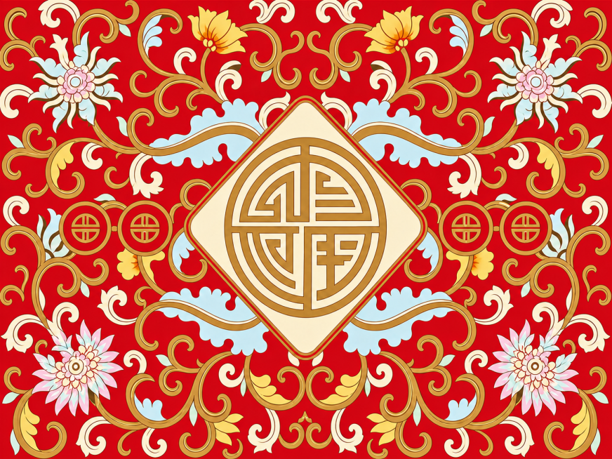 根据参考图片画出清晰的标准色稿，保留原有的红色底传统缠枝莲纹样和中心团寿图案，整理线条和色彩，制作上色稿，提升画质到4K超高清，细节纹理清晰锐利预览效果