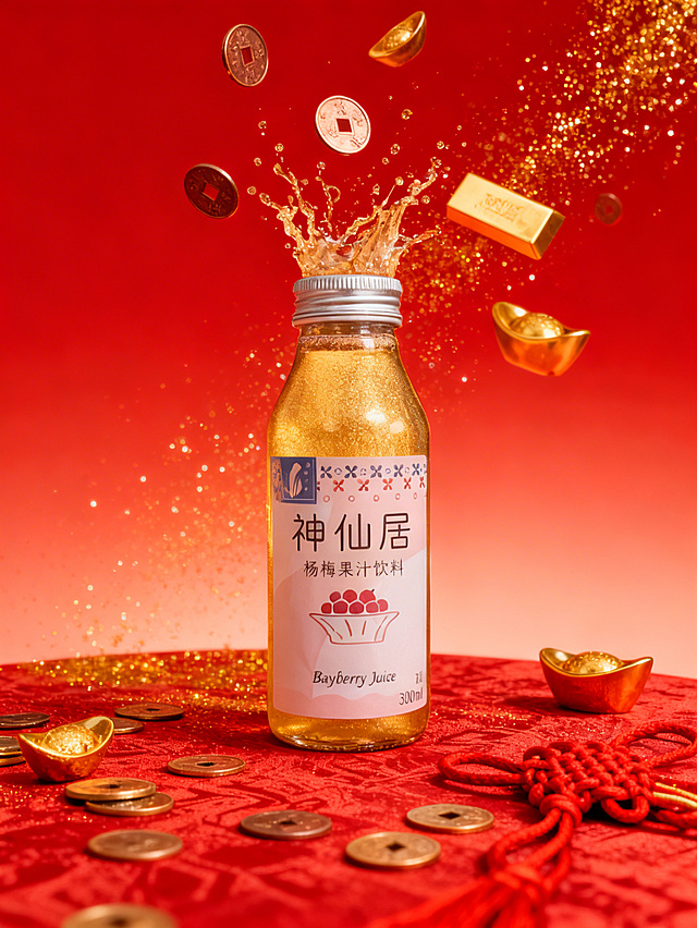 主体是向图示商品中倾倒金色液体，瓶口飞溅出铜钱、金元宝、金条等元素；底部铺红色纹理桌布，点缀散落的铜钱、金元宝及红色中国结绳；背景为渐变正红底色，叠加金色闪粉增强氛围感