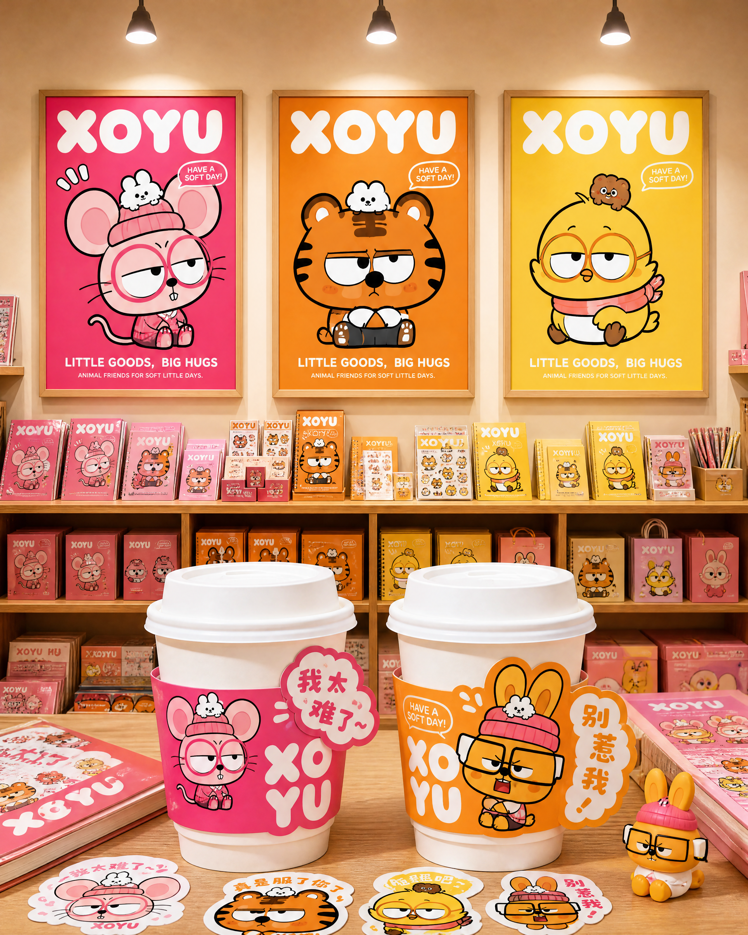 2D扁平卡通IP毕设作品集实景样机，温暖明亮文创杂货铺店内环境… - 图片创意预览