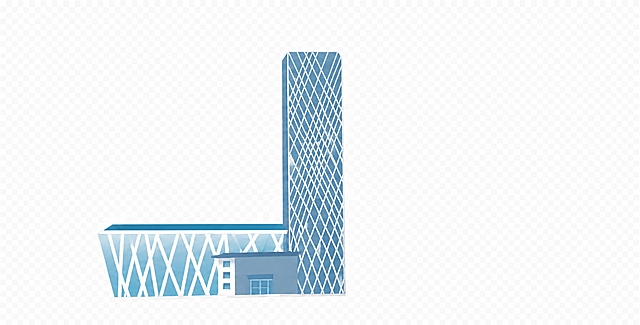 将图片中左侧最高的菱形网格高楼建筑单独抠出，保留建筑完整轮廓，去除其他所有建筑和背景，输出透明背景PNG