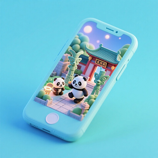 软3D风卡通熊猫在微缩古风庭院中嬉戏，清新梦幻的粘土质感，融合虚拟现实与节日氛围，传递可爱治愈的东方美学。