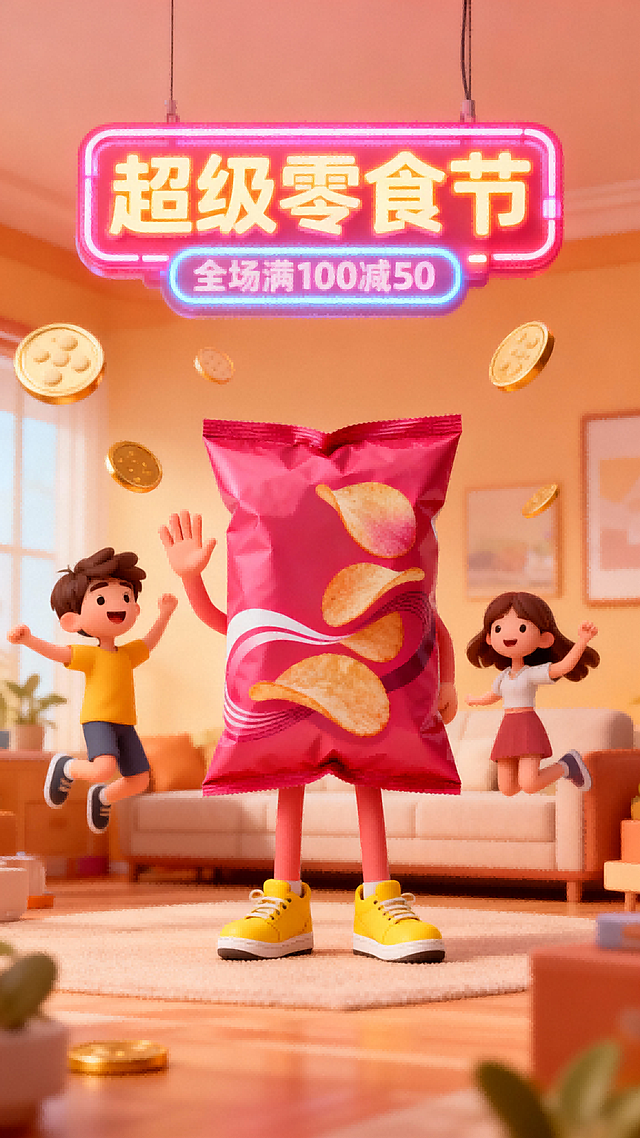 一个拟人化的图中主体站在中央，穿着黄色运动鞋，用手打招呼，周围有两位快乐跳跃的小孩（一男一女），背景是3D卡通客厅，空中漂浮着钙片金币，主标题为霓虹灯牌“超级零食节，主标题下方有“全场满100减50”标签，整体风格均为3D卡通渲染，色彩明亮温暖，充满活力，适合零食广告宣传。