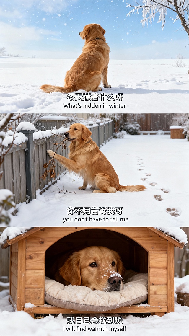 漫画风与实景结合，雪景中金毛犬的温暖故事感十足，印刷风字幕增添清新文艺气息，传递冬日里的温馨与舒适。
