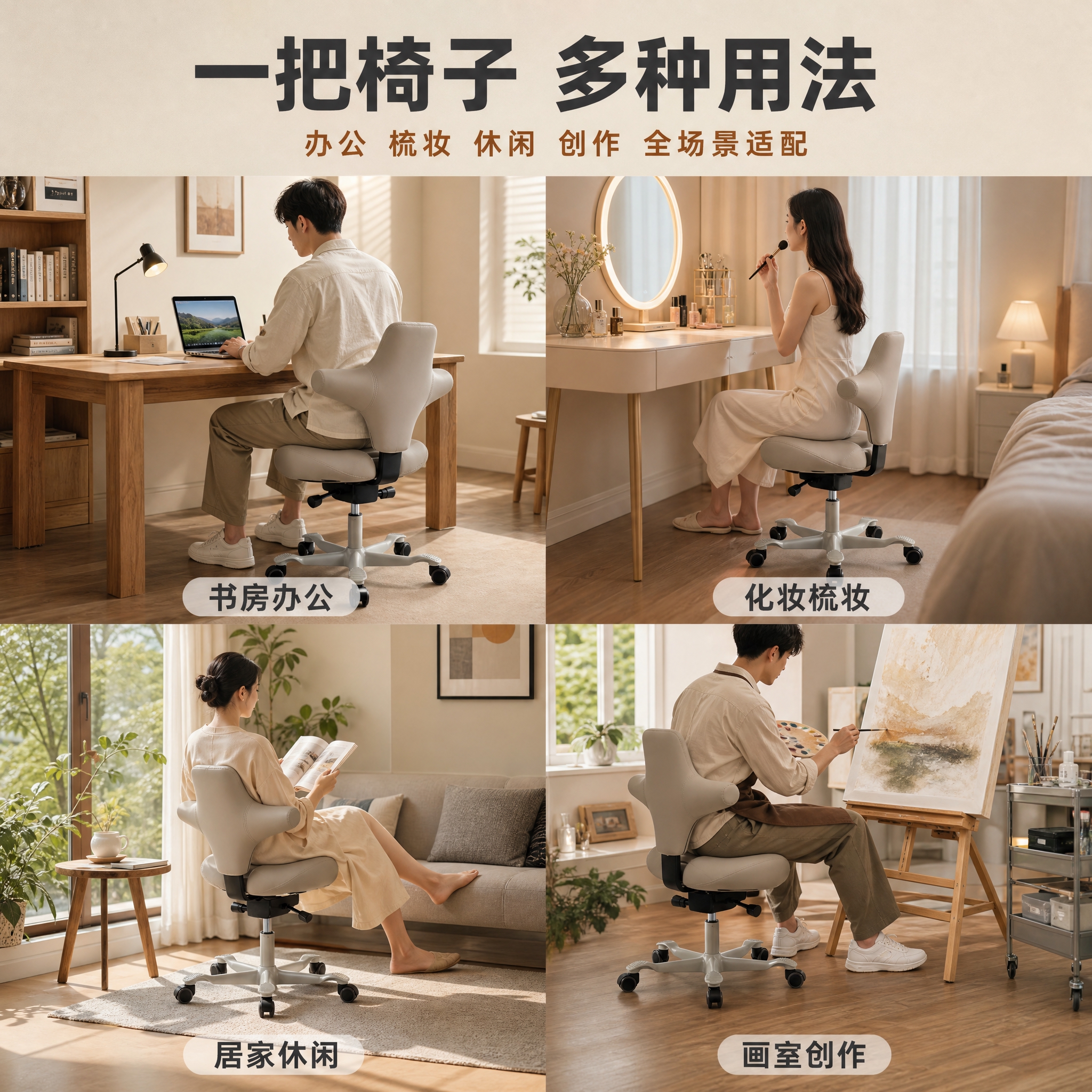 [主图-5] 多场景空间适配图，展示马鞍椅在不同家居办公场景中… - 图片创意预览