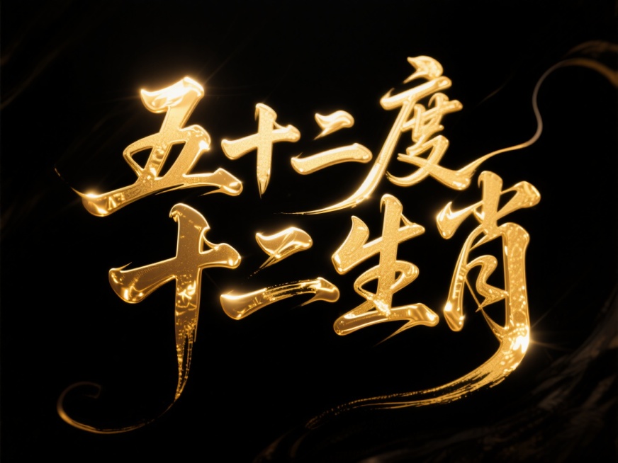 “五十二度十二生肖”的烫金书法字，黑色背景预览效果