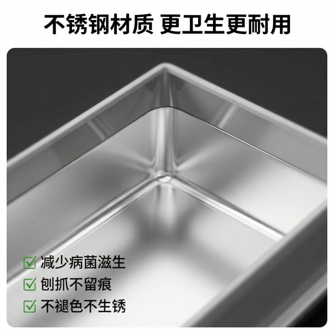 [主图 3] 材质细节展示-不锈钢材质优势
[氛围风格] 高级质感产品特写风格
[画面元素] 商业摄影质感、光线柔和通透、产品清晰真实、画面干净高级。保持原有猫砂盆产品外形不变，放大展示不锈钢内壁光滑预览效果