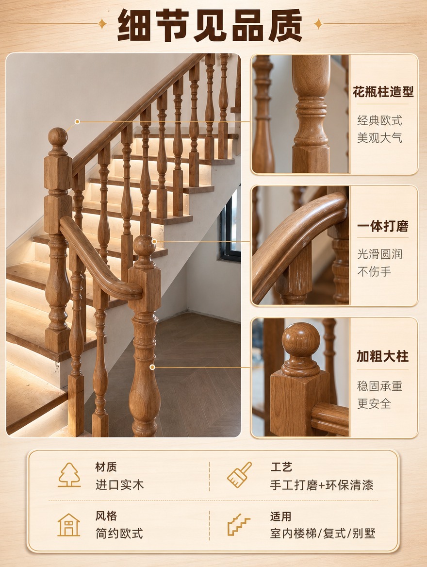 [商品] 使用【图1】原木色实木楼梯扶手；保留花瓶柱造型细节、… - 图片创意预览