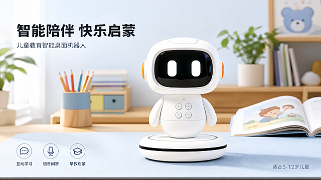 现代感与科技感融合的3D风设计，简约金属质感搭配柔和色调，营造未来感儿童教育场景，展现智能陪伴的温馨与科技魅力。