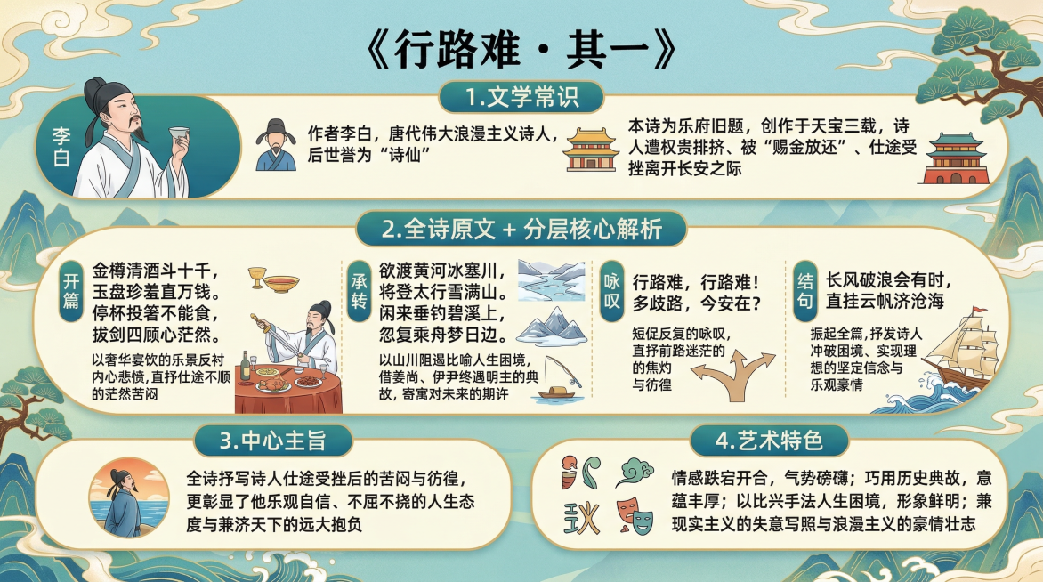 《行路难・其一》初中语文知识点信息图，国风扁平化设计，分块清晰、内容严谨零错误。画面完整覆盖：
课题："《行路难・其一》"
文学常识：作者李白，唐代伟大浪漫主义诗人，后世誉为 "诗仙"；本诗为乐府旧题预览效果
