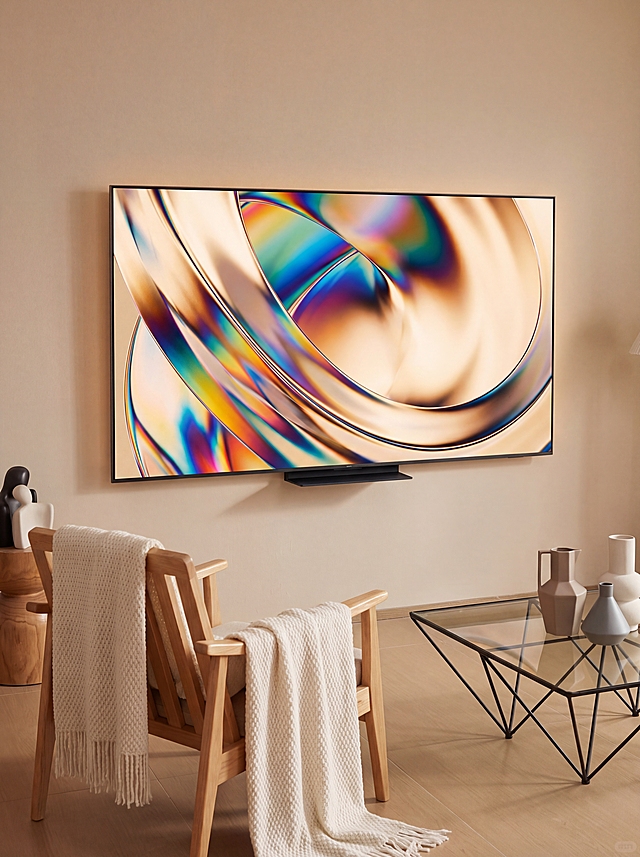 黑色平板液晶电视，超窄边框，黑色底座，屏幕显示彩色动态画面。保持物理结构不变，严禁扭曲拉伸改变产品形态。北欧风客厅场景，暖调浅米色奶油色调，搭配原木单人扶手椅和黑色金属框架玻璃茶几。柔和漫射柔光，【产品受光面泛起暖米亮色，暗部及边缘映射原木浅棕色的环境光晕。绝对禁止纯白高光，彻底物理融合】。电视挂于墙面居中位置，构图与参考图一致。微侧15度视角，替换原参考图道具：把橙色针织毯换成米白色针织搭毯，装饰摆件换成几何陶瓷花瓶，消除品牌文字。严格锁定宽高比为 3:4。4K分辨率。