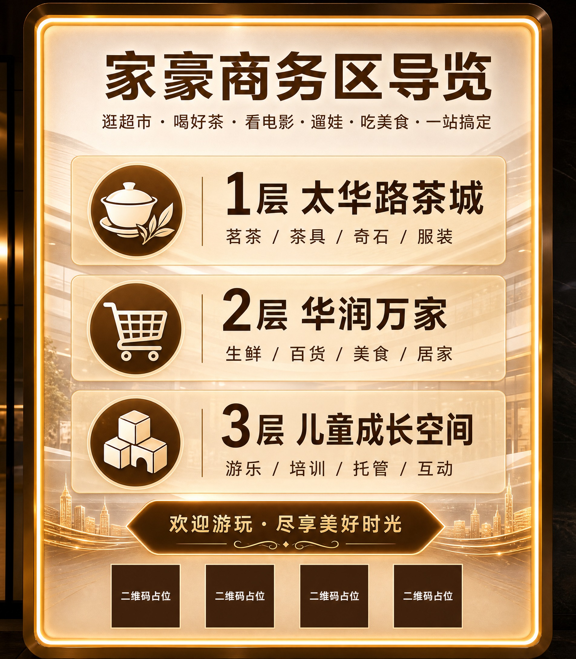 现代简约商业风格的综合楼楼层导视海报，发光广告牌质感，外观醒目… - 图片创意预览