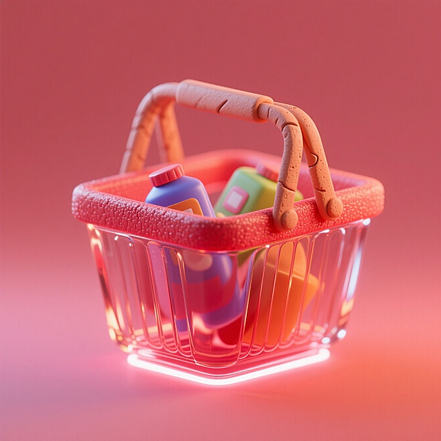 一个购物篮，朱红色磨砂玻璃材质，内部悬浮商品投影，底部霓虹光晕扩散