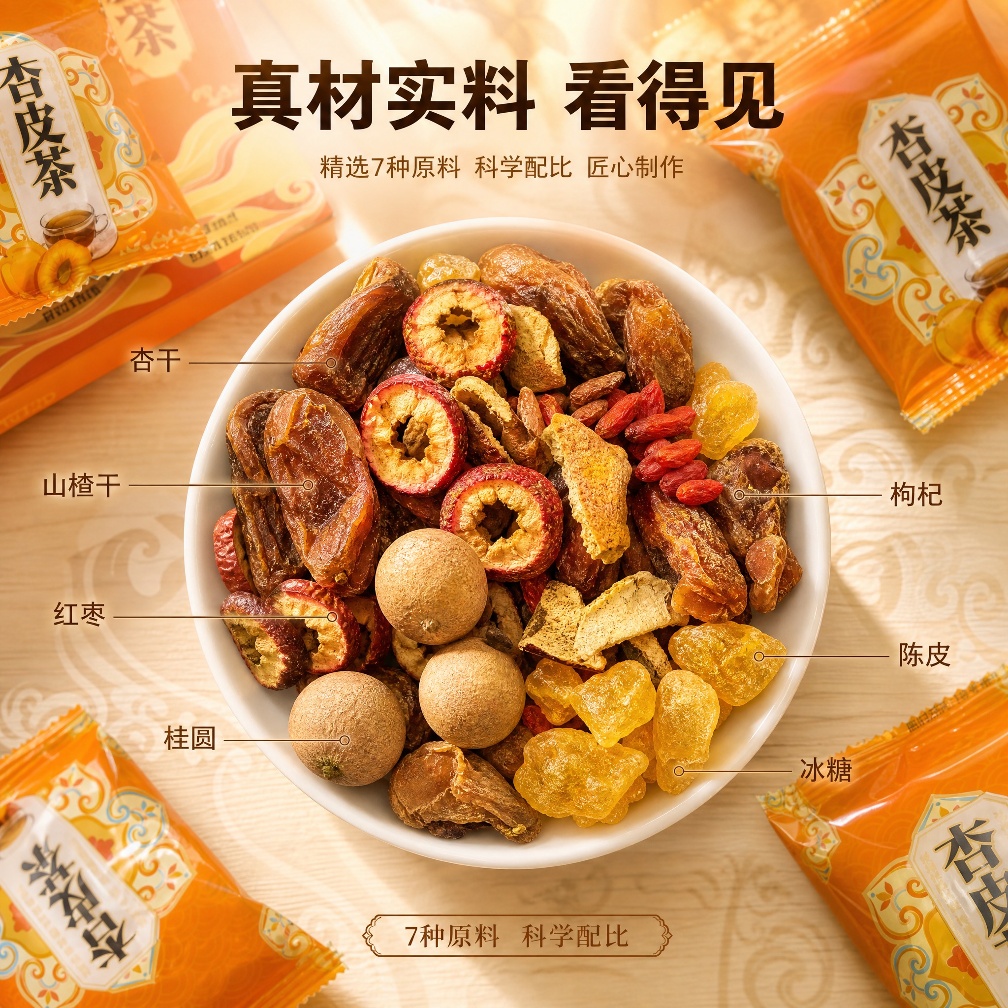 [主图-2] 原料成分展示图，突出杏皮茶真材实料，多种天然原料… - 图片创意预览